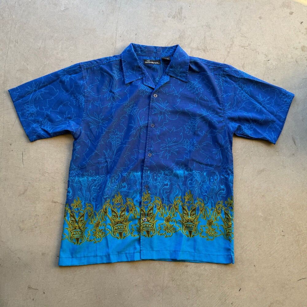 Vintage Y2K No Boundaries Sz Large Button Up Shirt Hawaiian Tiki Floral Beach